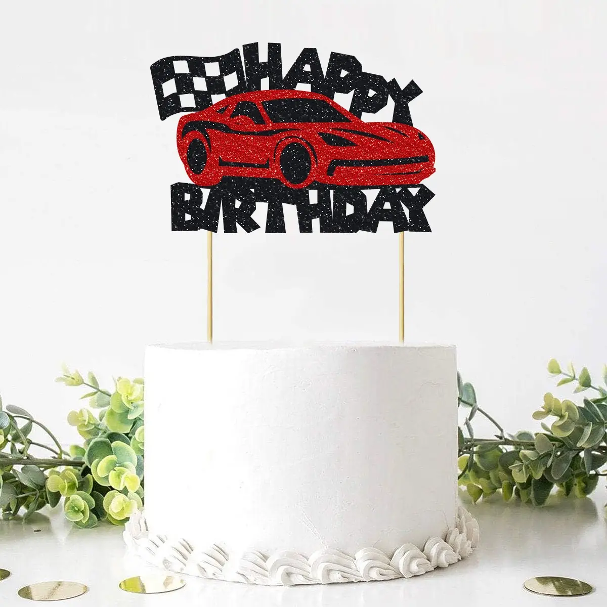 1 PCS Race Car Happy Birthday Cake Topper Glitter Racing Car Cake Pick Bamboo Stick for Let's Go Racing Theme Birthday Party Cake Decorations