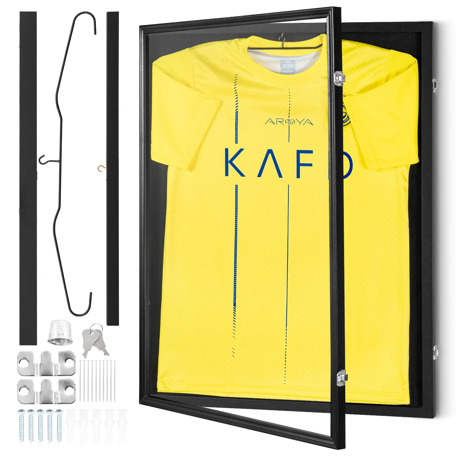 【summerfinds】VEVOR Lockable Rectangle Sport Jersey Shadow Box Frame, 24x32x1.5in Black Wooden Iron Storage Box & Bin, 98% UV Protection PC Glass, Wall Mount Hangers, Installation Hardware, High-Definition Viewing for Soccer Baseball Jerseys, Storage Boxes