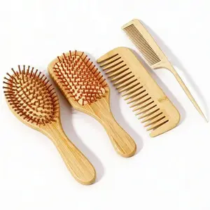 4-Piece Bamboo Paddle Hairbrush Set, Includes Comb and Wide-Tooth Massage Brush, Ideal for Thick Curly Hair, Men and Women, Travel Essentials, Detangling Brush