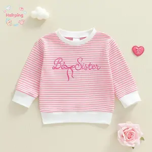 Little Toddler Girls Stripe Sweatshirt Stylish Letter Bow Embroidery, Casual Crew Neck Long Sleeve Pullover, Casual Baby Girls Set
