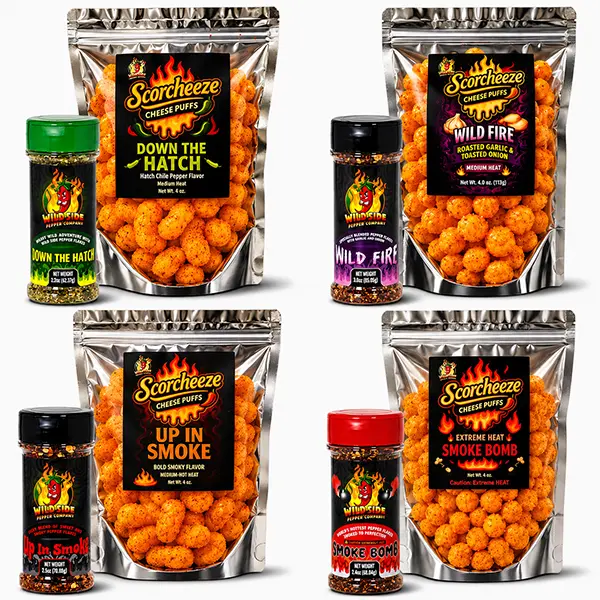 All 4 Ultimate Scorcheeze Flavor Explosion Bundle - All 4 Flavors of Scorcheeze and Wild Side Seasoning Bag and Bottle Bundle - Cheese Puffs - Spicy Snacks -