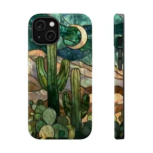 Tough Cactus Stained Glass Printed Smartphone Case, Rustic Crescent Moon Cellphone Protector Shell, Durable Accessories for iPhone 11/12/13/14/15/16/17 Pro, ProMax, Plus, Air