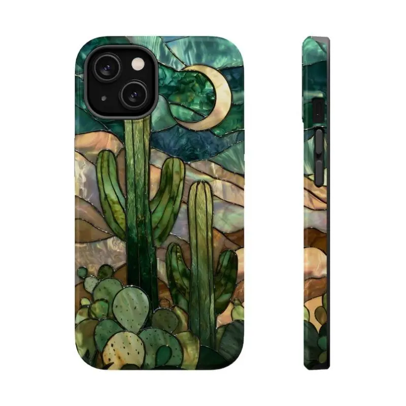 Shockproof Polycarbonate Smartphone Casing - Tough Stained Glass Cactus Print, Rustic Crescent Moon Shell, Camera Protection Accessory for iPhone 11-17 Pro, ProMax, Plus, Air
