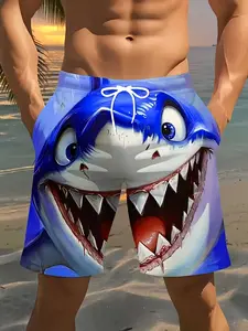 3D cartoon shark print men's beach shorts, simple and versatile men's drawstring shorts, ideal for summer beach vacations, lightweight and comfortable, Swimming Shorts