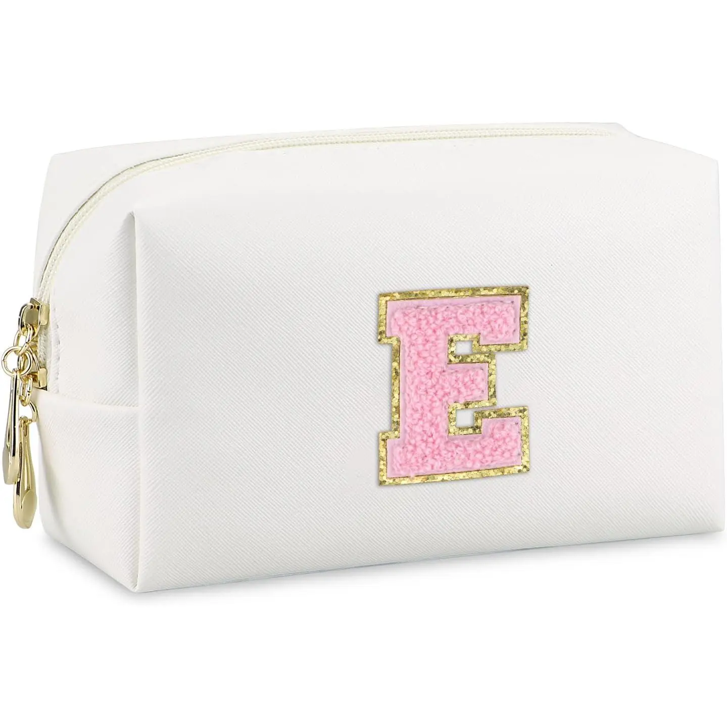 Initial Makeup Bag,Personalized preppy bag  PU Leather Chenille Letter  Bag,Portable Travel Toiletry Bag Monogram Birthday  for Women Girls Mom Friends (Letter E)