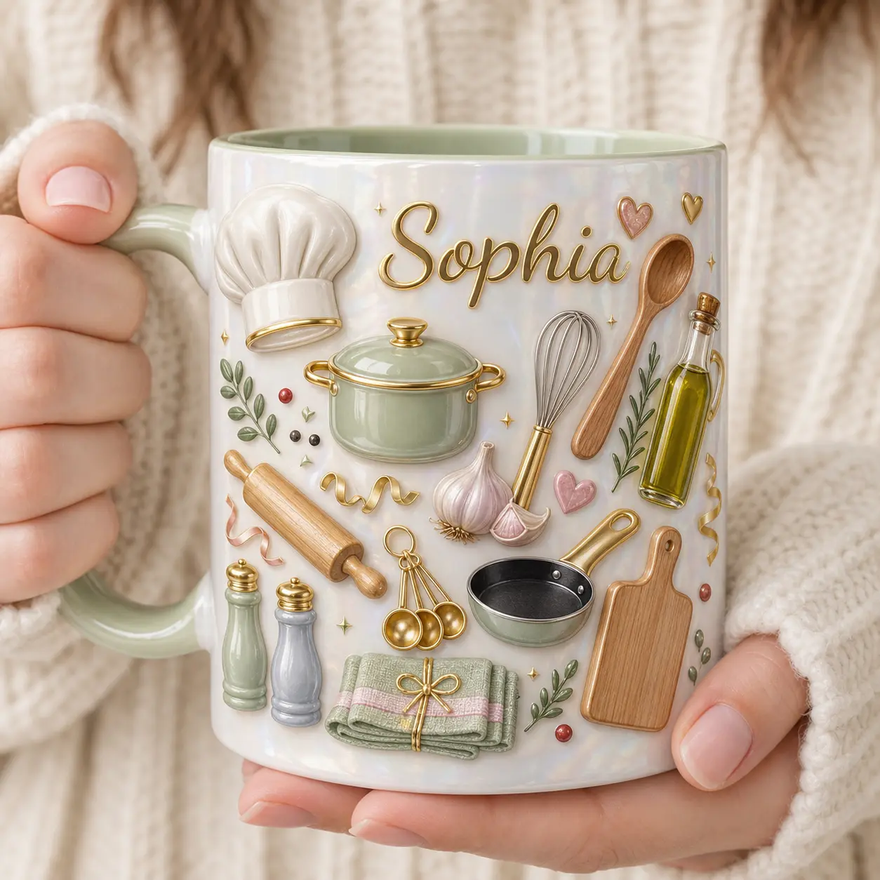 Personalized Chef Mug 2D Printed 3D Effect, Custom Name Ceramic Coffee Cup with Cooking Tools, Pot, Whisk, Spoon Design, Gift for Chef Women