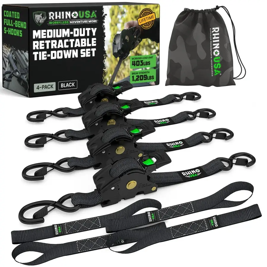 Rhino USA 1" x 10' Retractable Ratchet Straps (select 2 pack or 4 pack) - Medium Duty Self Retracting Tie Down Straps for Truck, Cargo Trailer Rhino USA 1" x 10' Retractable Ratchet Straps (select 2 pack or 4 pack) - Medium Duty Self Retracting Tie Down Straps for Truck, Cargo Trailer