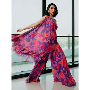 Purple ruffle cape with bustier and sharara