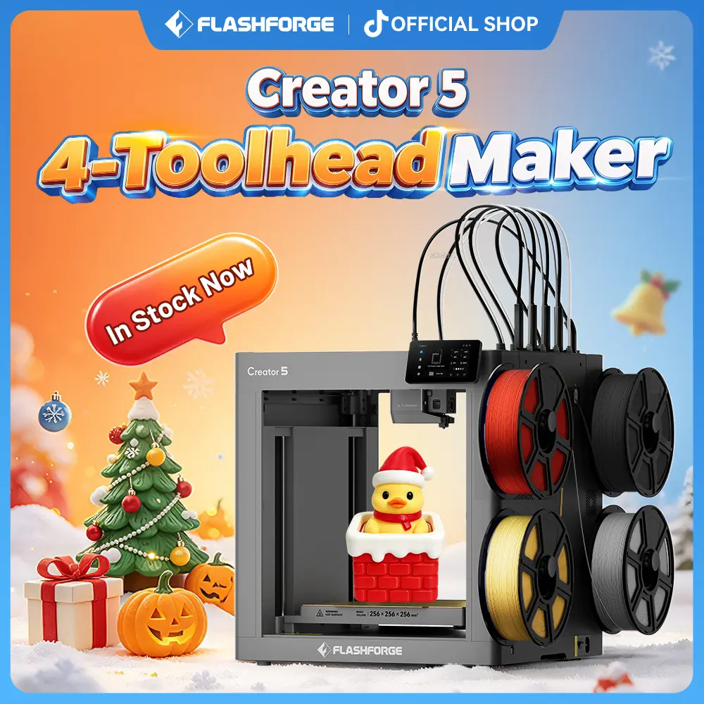 In Stock Now -FLASHFORGE Creator 5 4-Toolhead Changer 3D Printer, Ready to Ship No Pre-Order, Multi-Color & Multi-Material, Near-Zero Waste, 7s FlashSwap, Clean Support Removal, CoreXY 600mm/s Auto Calibration FDM,techvibes