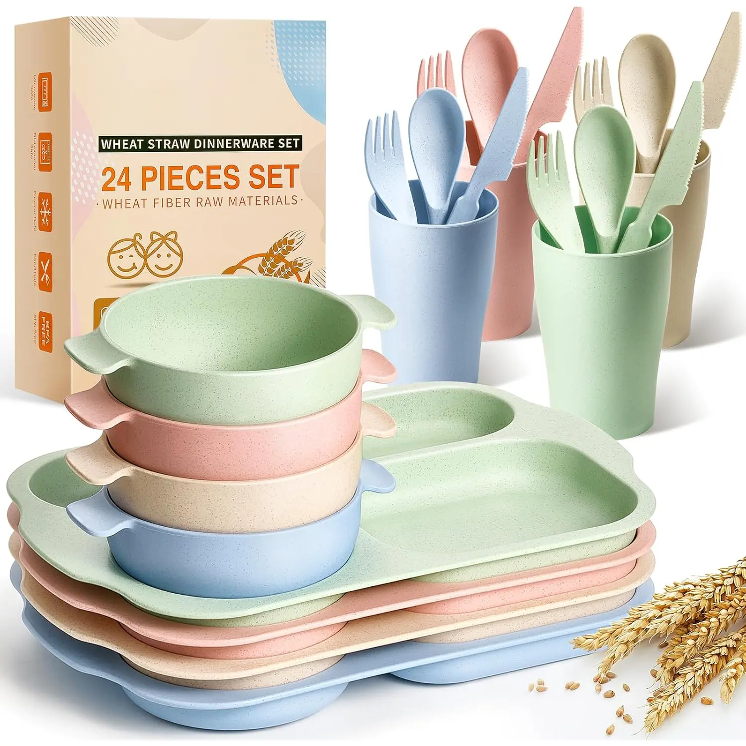 QUSEVOO 24-Pcs Wheat Straw Dinnerware Set, Unbreakable BPA-Free Tableware with Divided Plates, Bowls, Cups, Cutlery (Spoons, Forks, Knives) for Kids, Microwave & Dishwasher Safe for BBQs