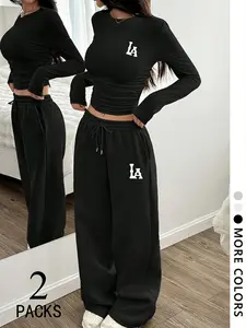 Women's Two-Piece Set, European Style Round Neck Long Sleeve Top, Straight Leg Pants, Comfortable Fabric, Perfect for Daily Wear, Travel, Shopping, Sleep