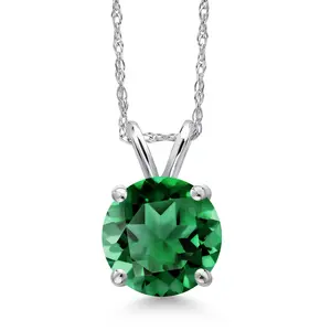 Gem Stone King 14K White Gold Green Nano Emerald Pendant Necklace for Women | 1.65 Cttw | Gemstone May Birthstone | Round 8MM | With 18 Inch Chain