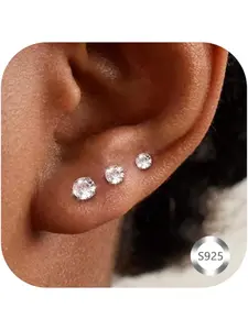Silver 925 Earrings for Men and Women - Hypoallergenic Stud Earrings with Cubic Zirconia - Small Earrings Set with Jewellery Box