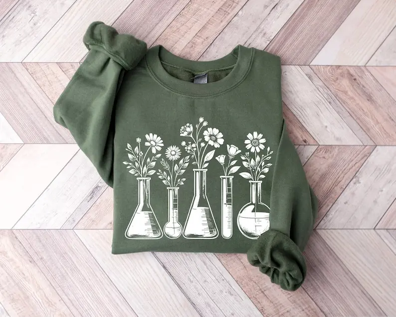 Sleek Botanical Beaker Sweatshirt | Science Teacher Crewneck | Floral Chemistry Lab Shirt | Lab Technician Gifts | Biology Fashion Sweater
