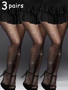 Women's Sexy Rhinestone Fishnet Stockings, 3 Pairs, Fitted Casual Style, Perfect for Parties, All Seasons, Natural Waist