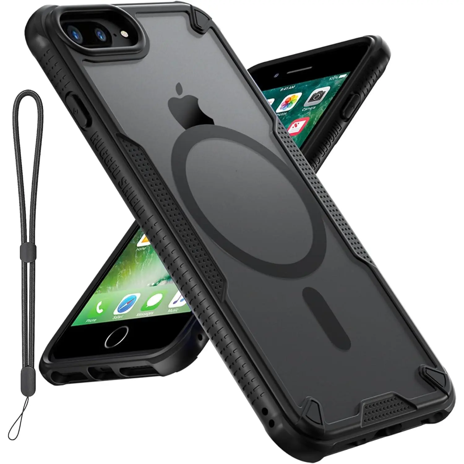 for  8 Plus &  7 Plus Case, Translucent Matte  Compatible with Magsafe  Slim Shockproof Protective Case with Lanyard Strap Phone Cover 5.5-inch, Black