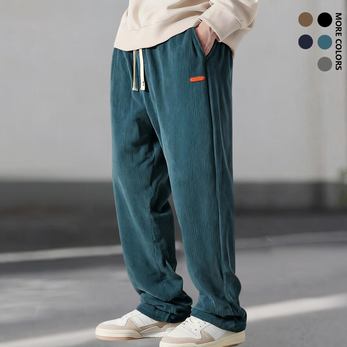 Men's corduroy casual pants, loose straight fit with side pockets and retro texture, perfect for everyday wear, suitable for gym, running, and activities; men's athletic pants
