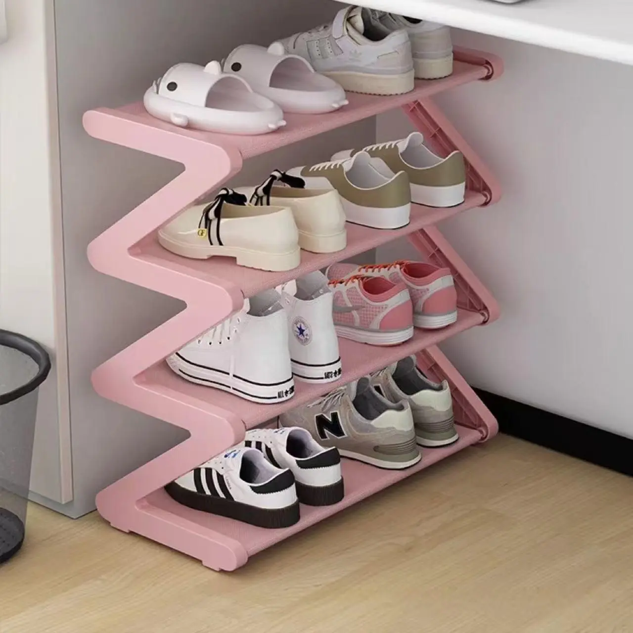 4-Layer Z-Shaped Shoe Rack, Stackable Plastic Shoe Shelf, Easy-To-Assemble Shoe Storage Organizers, Stackable Home Organizer for Living Room & Dormitories