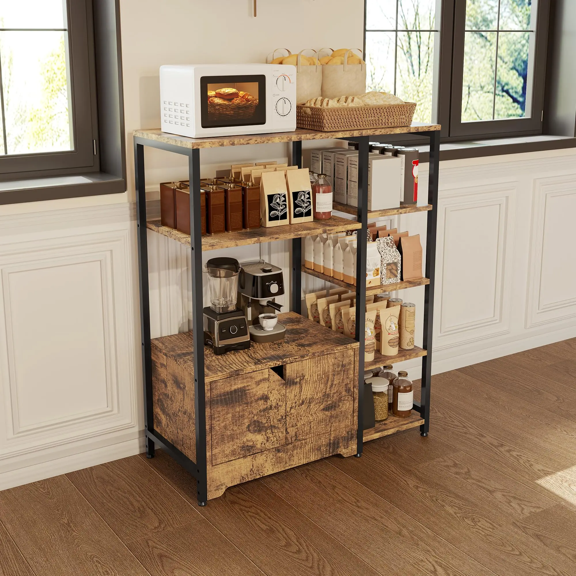 Garvee Rustic Coffee Bar Cabinet with Storage, 31.6" Farmhouse Small Coffee Stand Station Featuring Doors, Multi-Purpose Buffet Sideboard Cabinet, Ideal Rustic Organizer for Living Room, Corner, Small Spaces in Brown