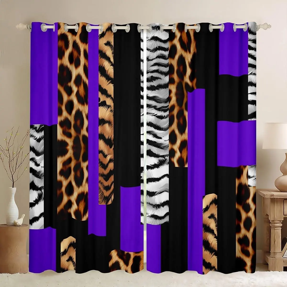 Leopard Curtains Bedroom Living Room Cheetah Purple Black Blackout Curtains Animal Fur Print Darkening Dreapes Decor Safari Window Treatments Zebra