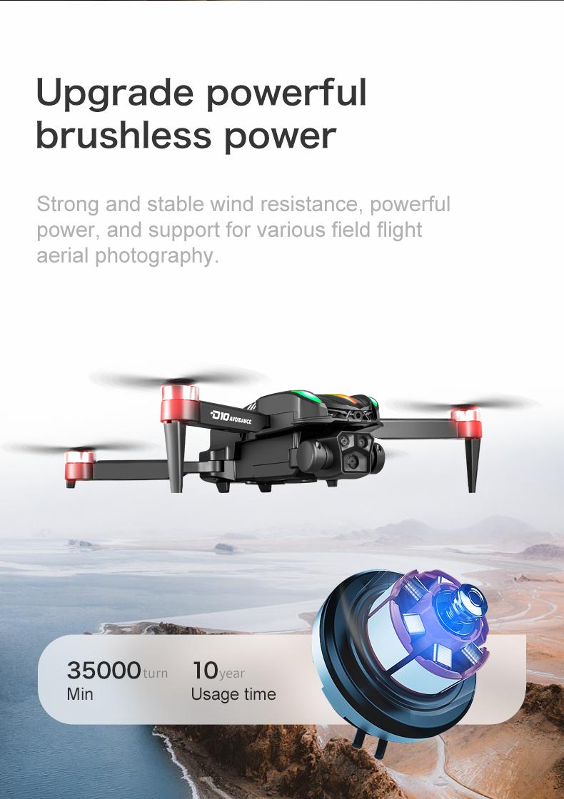 D10 Drone | Brushless Motor 4-Way Obstacle Avoidance Drone with Gradient Flowing Lights, Optical Flow & Servo Gimbal EIS Stabilization, Dual WIFI Camera, Sports Car Shape, Foldable, Gesture Control & One Key Return