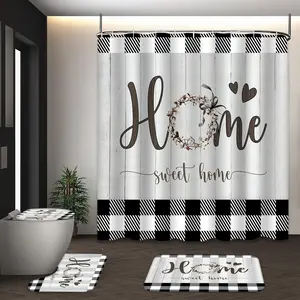 LVRLVR 4Pcs Farmhouse Buffalo Plaid "Home Sweet Home" Print Rustic Cottage Multi-Color Shower Curtain Set 70.8×70.8 Inch