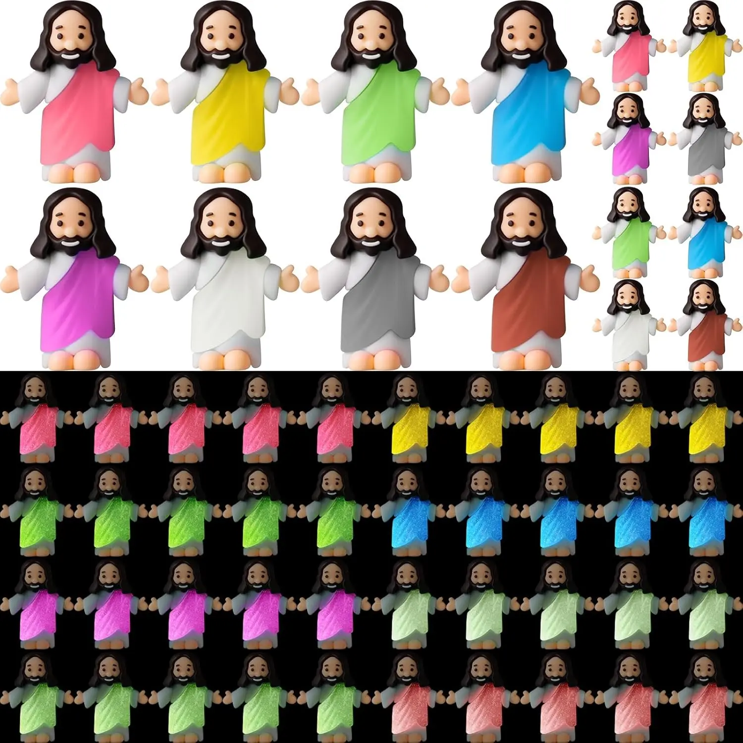 100-Piece Mini Jesus Figurine Bulk Set, Glow-in-the-Dark Light Luminous Christian Religious Home Decor, Christianity Gifts for VBS, Baptism (8 Colors)