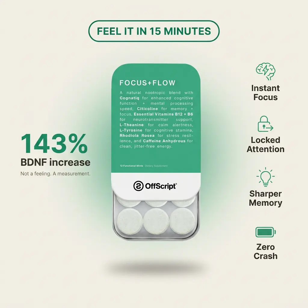 OffScript FOCUS+FLOW Nootropic Mints | Clean Energy and Focus | Cognatiq, L-Theanine, Rhodiola Rosea | 2 Tins, 24 Mints