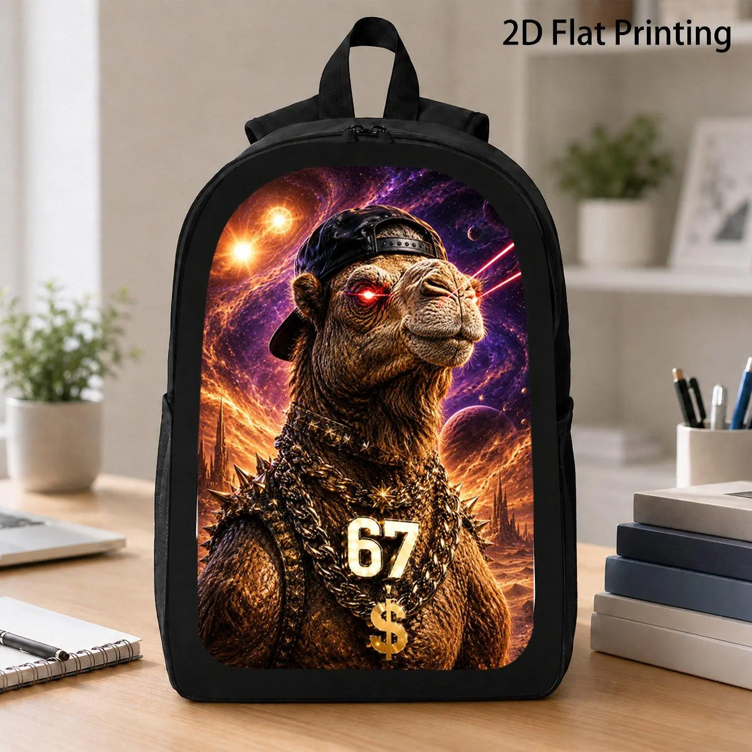 [17 Inch Backpack] Desert Cosmic Gangster Camel Wearing Cap Heavy Gold Chains Number 67 Red Laser Eyes Alien Planet Art Backpack Popular Wildlife Graphic Large Storage Backpack