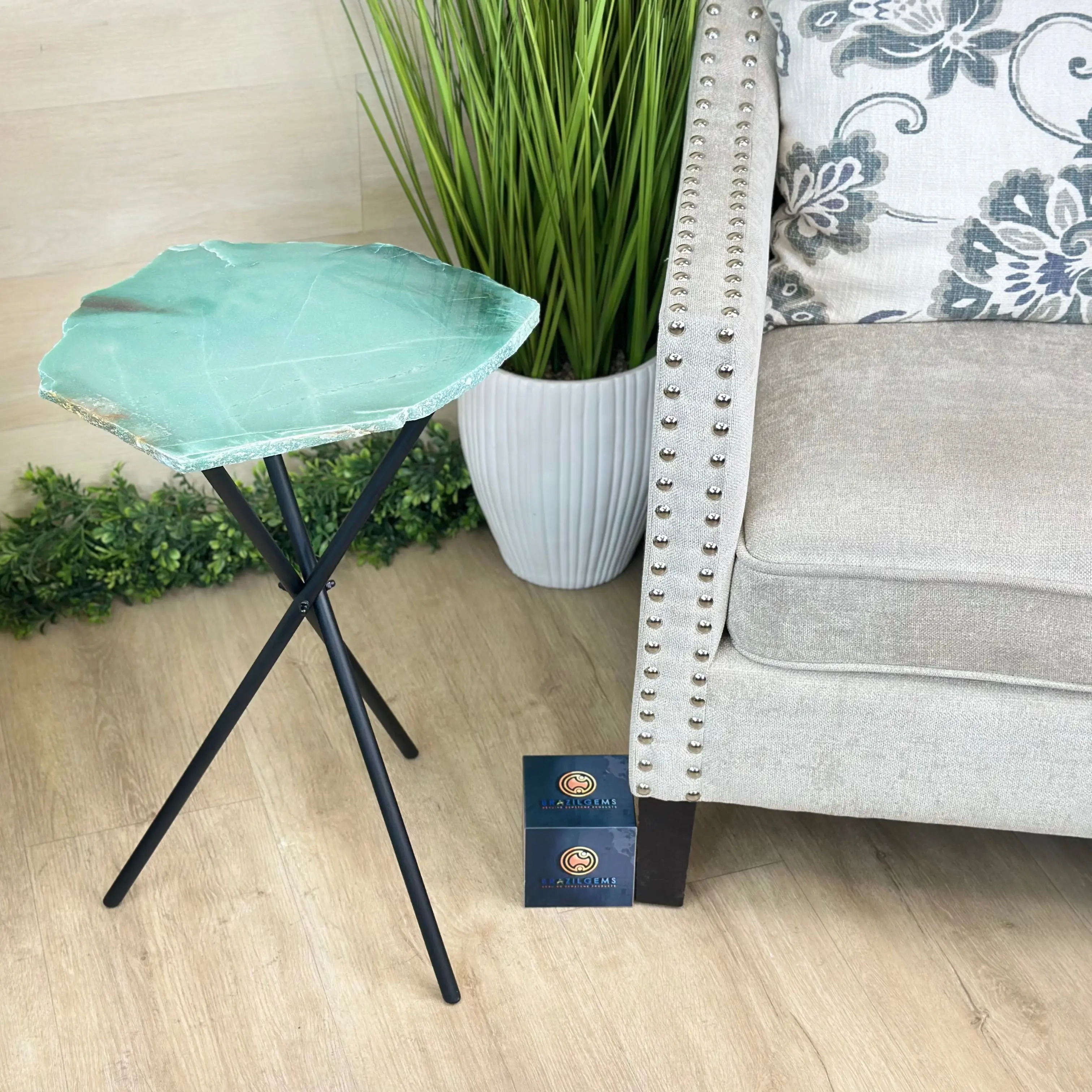 Natural Green Quartz Side Table on Black Metal Base, 23.6" Tall #1342GQ-001