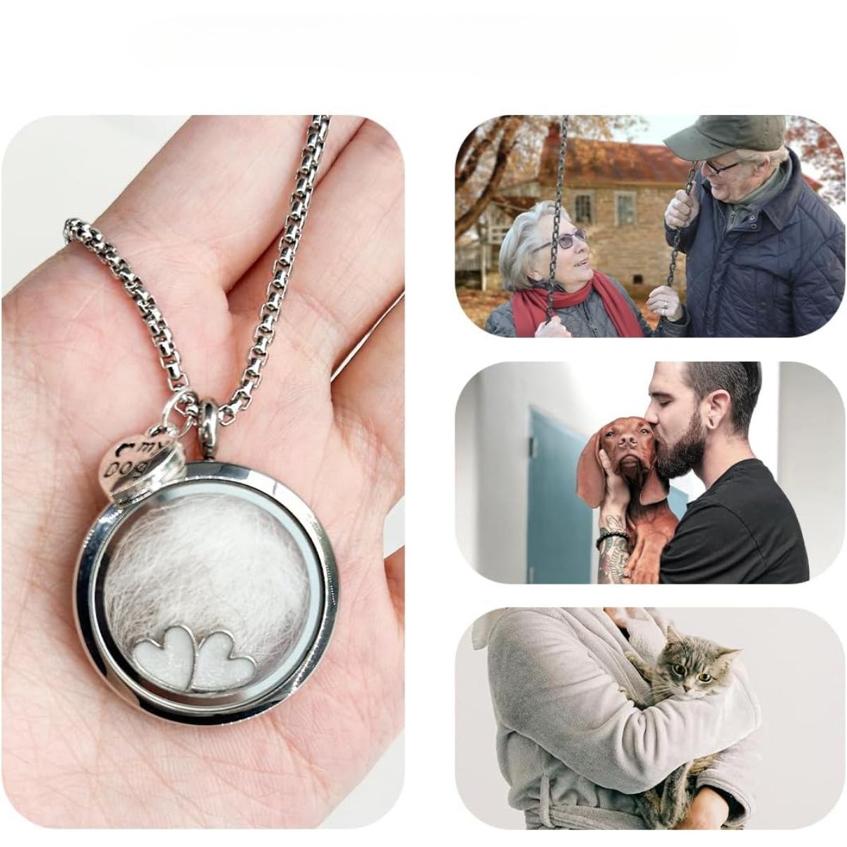 Pet Memory Locket Necklace for Dog/Cat Owners, Waterproof Stainless Steel Pet Hair Keepsake, Pet Memorial Gift for Her/Him