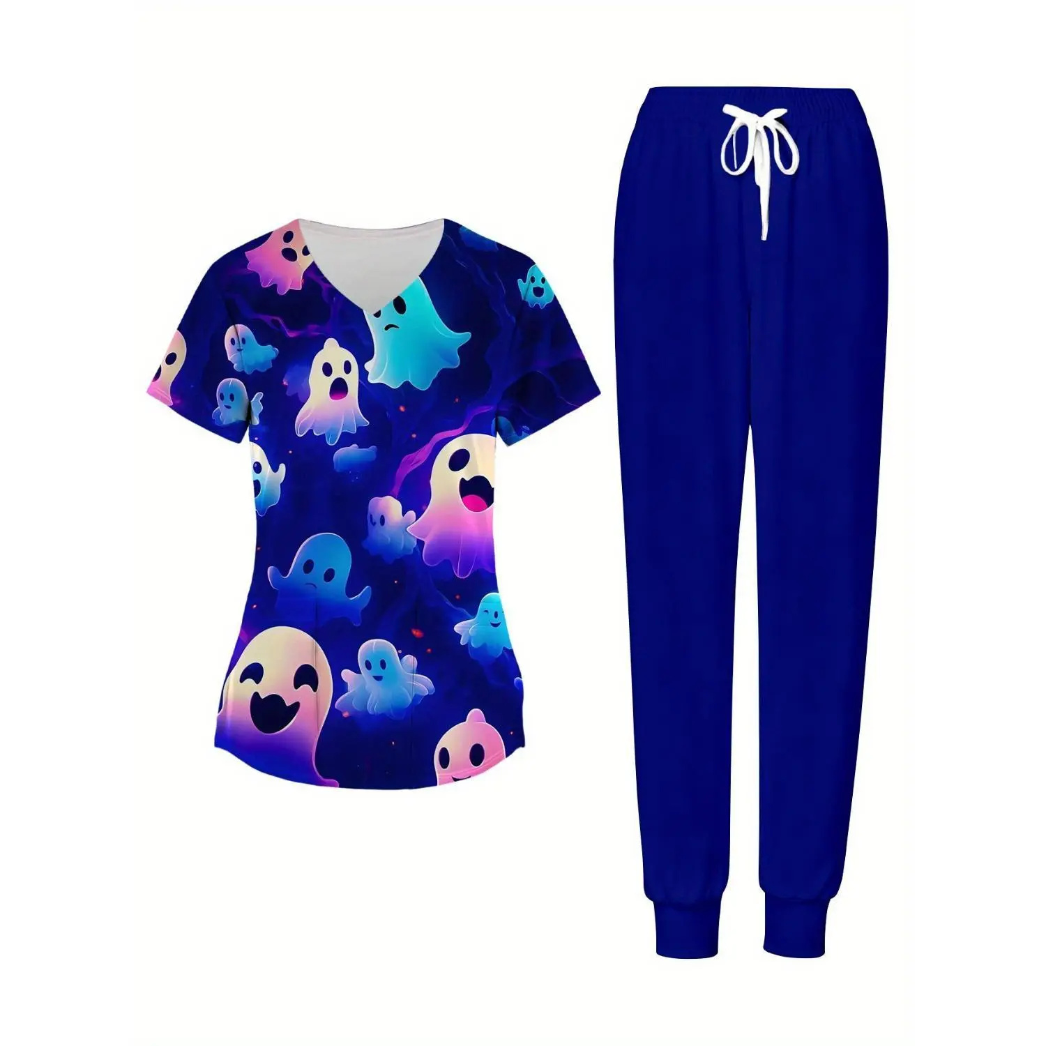 3D Cute Halloween Print Plus Size Nurse Scrub Set for Work & Casual Wear - Comfortable Fabric Ideal Gift