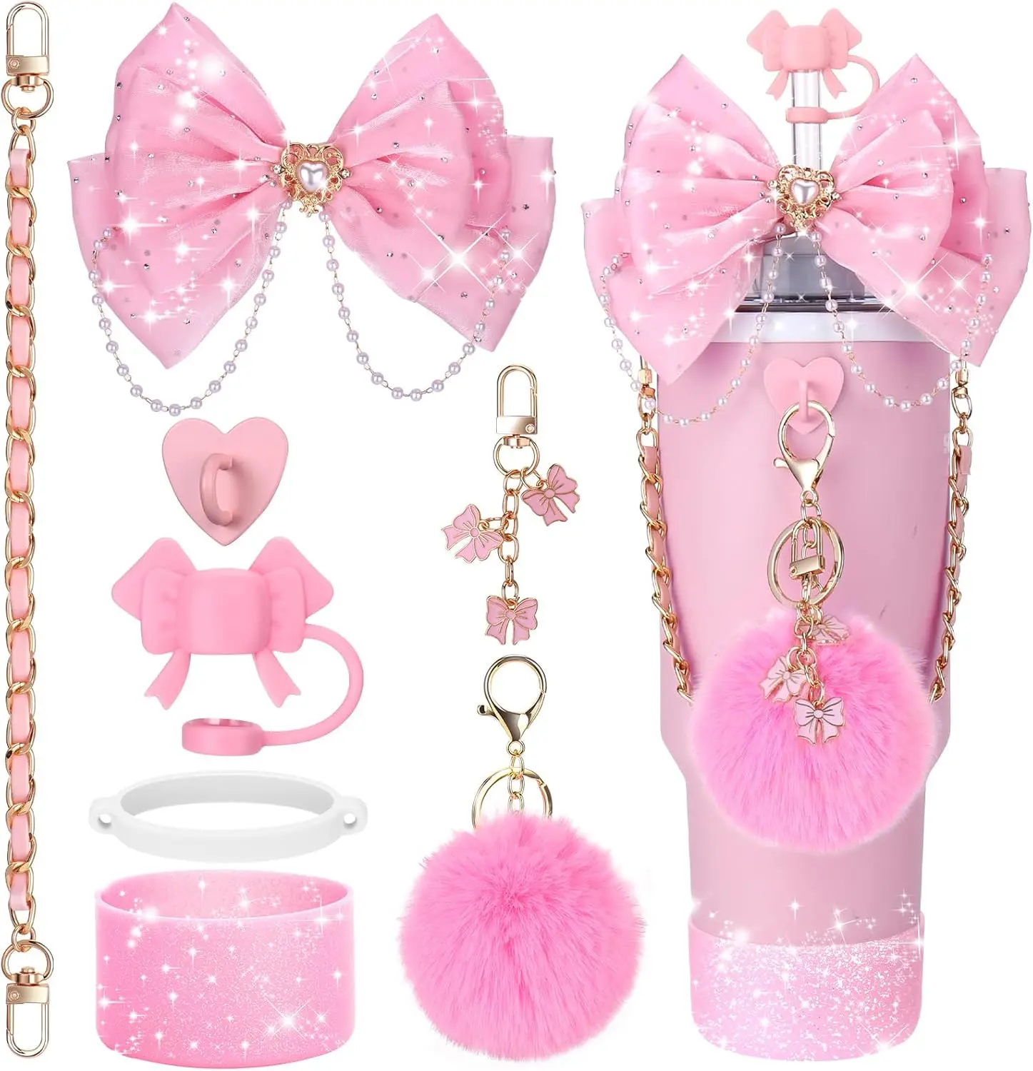 8-Piece 40oz Drinkware Accessory Set (No Cup) - Fabric Bows, Silicone Straw Caps, Rubber Cup Rings, Metal Keychains, Bottle Boots, Heart-Shaped Hooks, Waterproof, Elastic, Lightweight, Stylish High-Quality Kitchenware