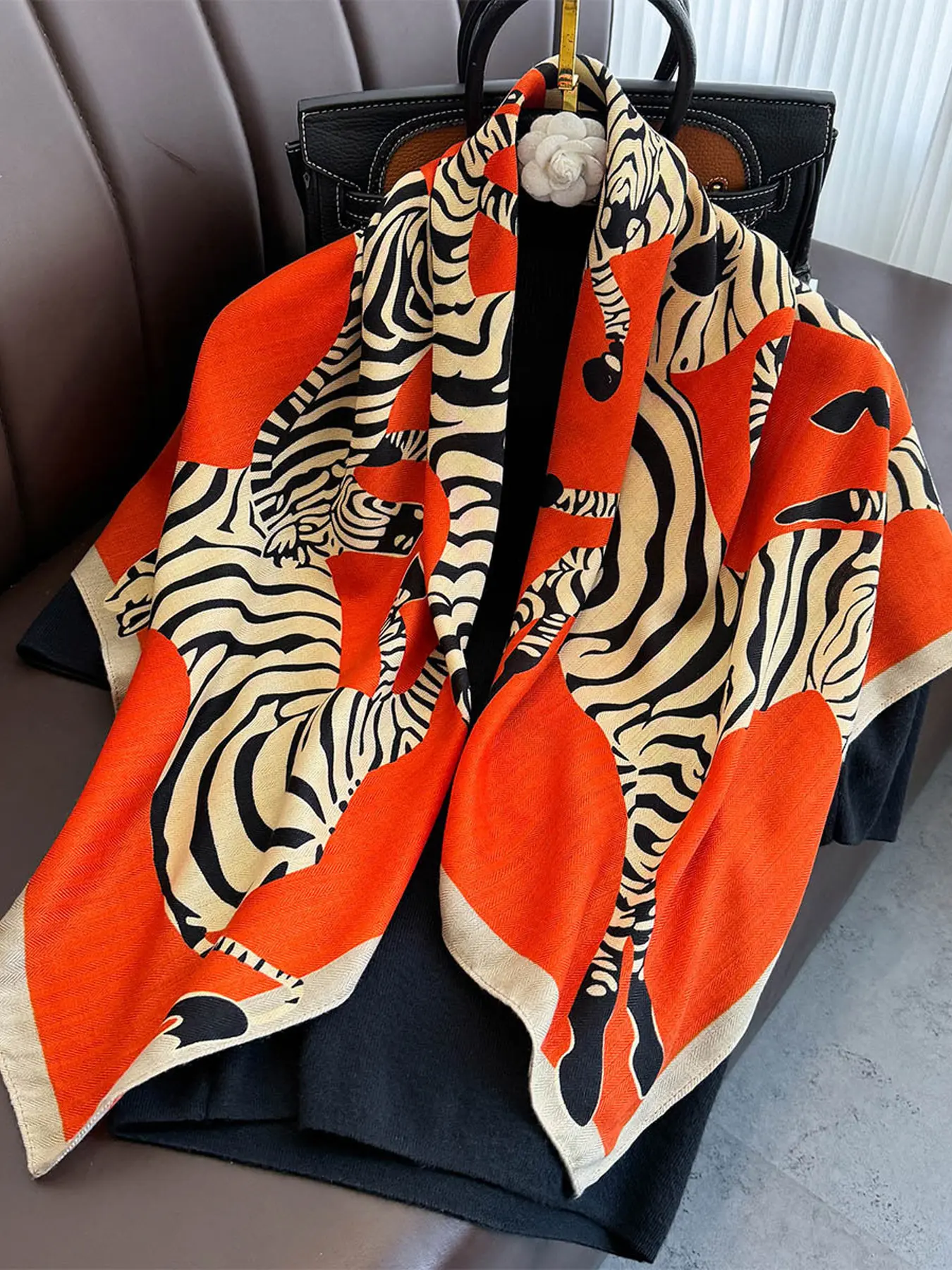 Zebra Print Silk Scarf Shawls, Fashion Shawl for Spring Summer, Scarf for Casual, Versatile Neck Gaiter, Relaxed Feel, Loosely Fitted, Warm and Stylish, Multi-Functional Outerwear Accessory, Textured Blanket Scarf, Boho Style Scarf