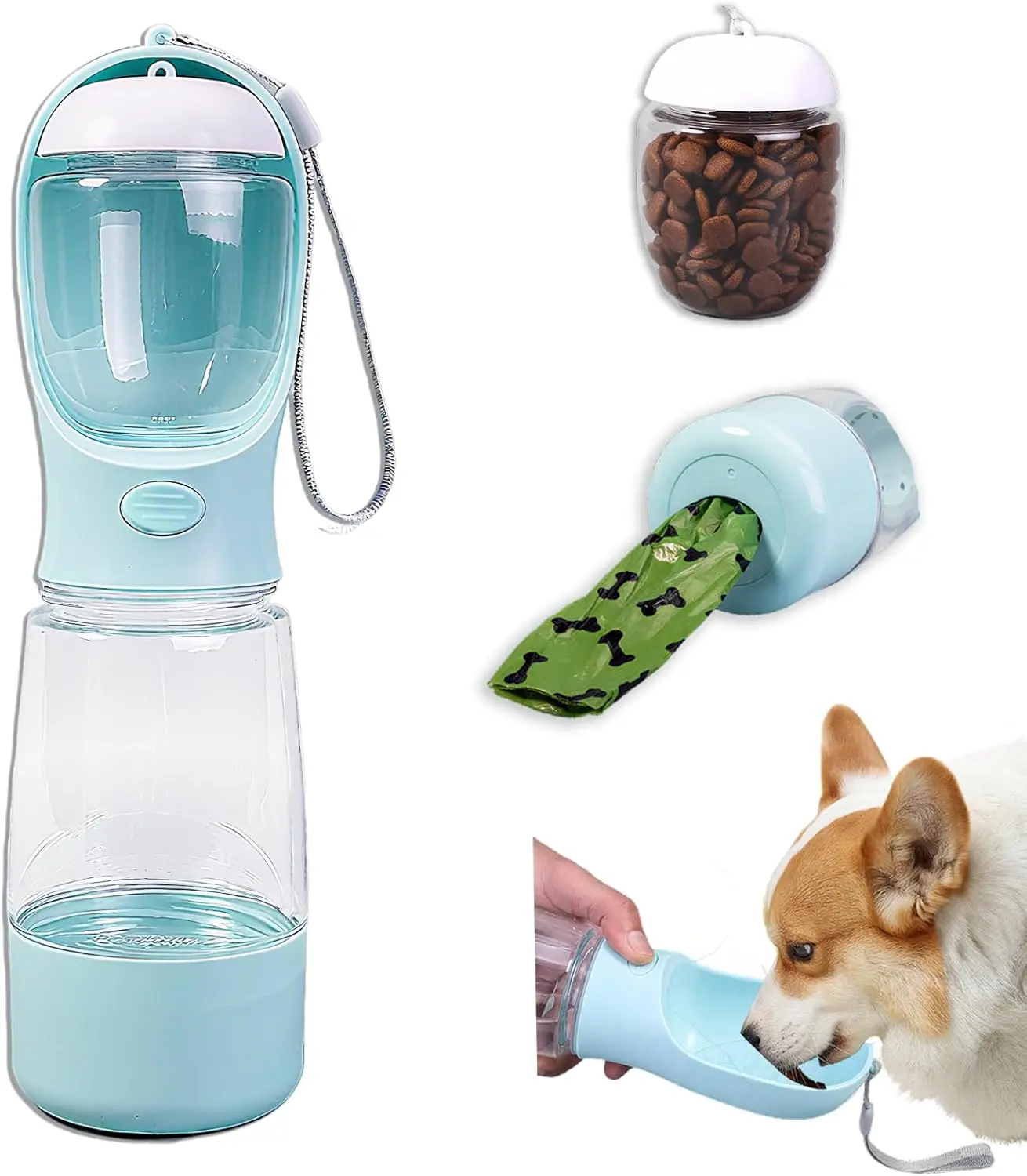 Pawzseek 3-in-1 Leakproof Mess-Free Multi-Use Dog Water Bottle with Food Container, Portable Pet Travel Dispenser for Walking, Hiking