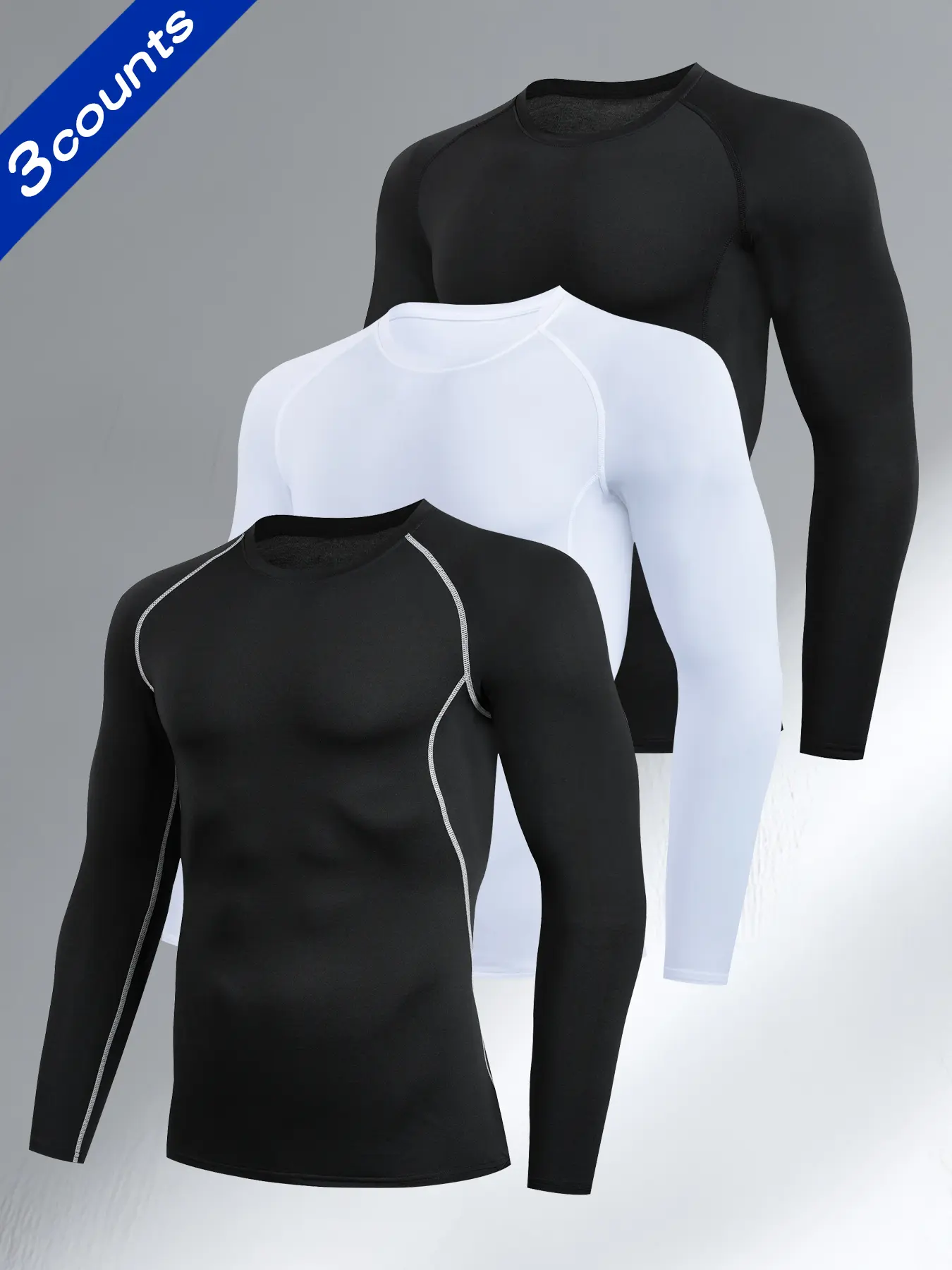 3pcs Men's Quick-Dry Compression Long Sleeve Shirts, Elastic Knit Fabric, Tight-Fitting Gym Running Hiking Tops, Fitness Training Clothes, Fitness Apparel, Fitted Sportswear, Spring & Fall Sports Wear