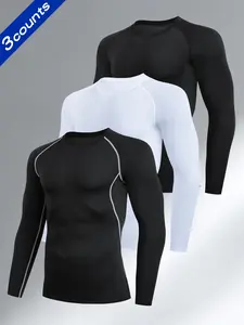 3pcs Men's Quick-Dry Compression Long Sleeve Shirts, Elastic Knit Fabric, Tight-Fitting Gym Running Hiking Tops, Spring & Fall Sports Wear