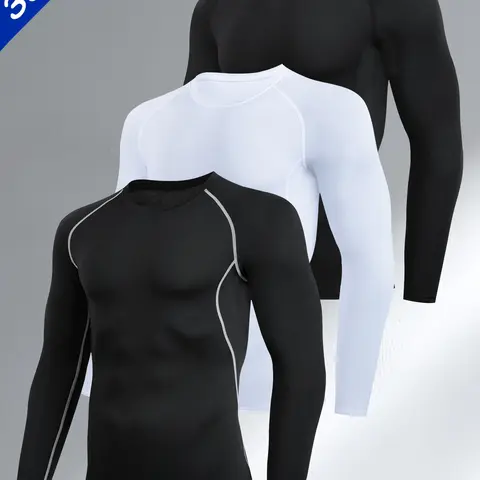 3pcs Men's Quick-Dry Compression Long Sleeve Shirts, Elastic Knit Fabric, Tight-Fitting Gym Running Hiking Tops, Fitness Training Clothes, Fitness Apparel, Fitted Sportswear, Spring & Fall Sports Wear