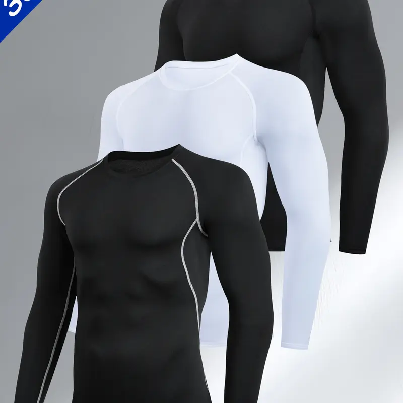 3pcs Men's Quick-Dry Compression Long Sleeve Shirts, Elastic Knit Fabric, Tight-Fitting Gym Running Hiking Tops, Fitness Training Clothes, Fitness Apparel, Fitted Sportswear, Spring & Fall Sports Wear