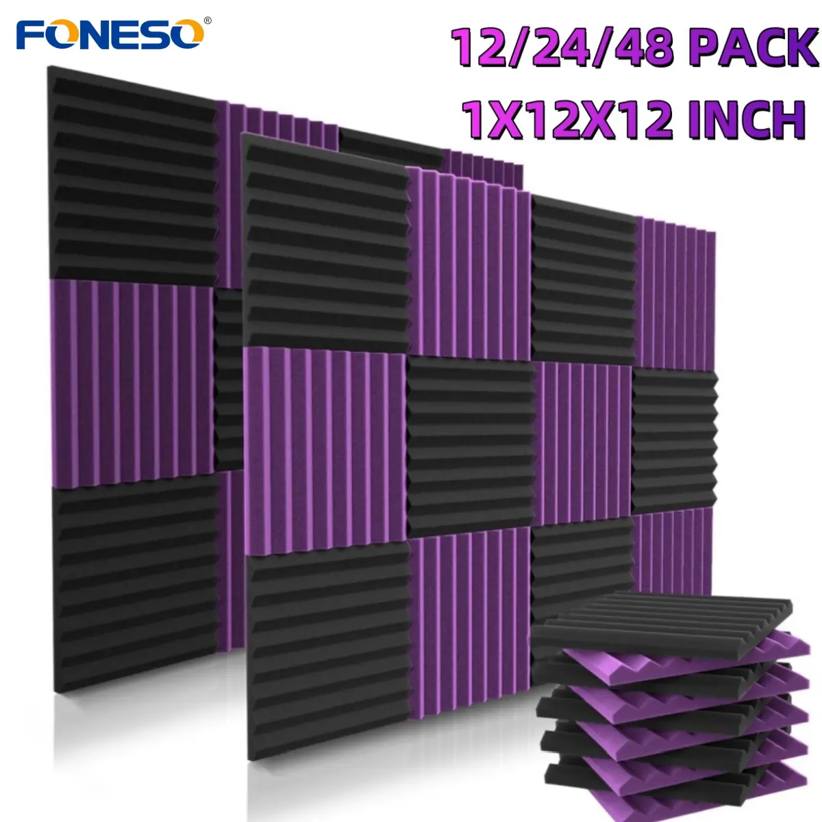 12/24/48 Pack 12"X12"X1" Acoustic Foam Panel Wedge Studio Soundproofing Wall Tiles for Reading Room, Meeting Room, Study Library, Club, Cinema & Music