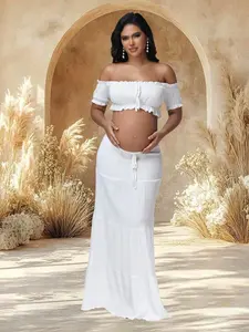 MOMSY 2pcs/Set Maternity Off-Shoulder Ruffle Hem Crop Top And Flowing Maxi Skirt Set, Suitable For Photography And Beach Wear