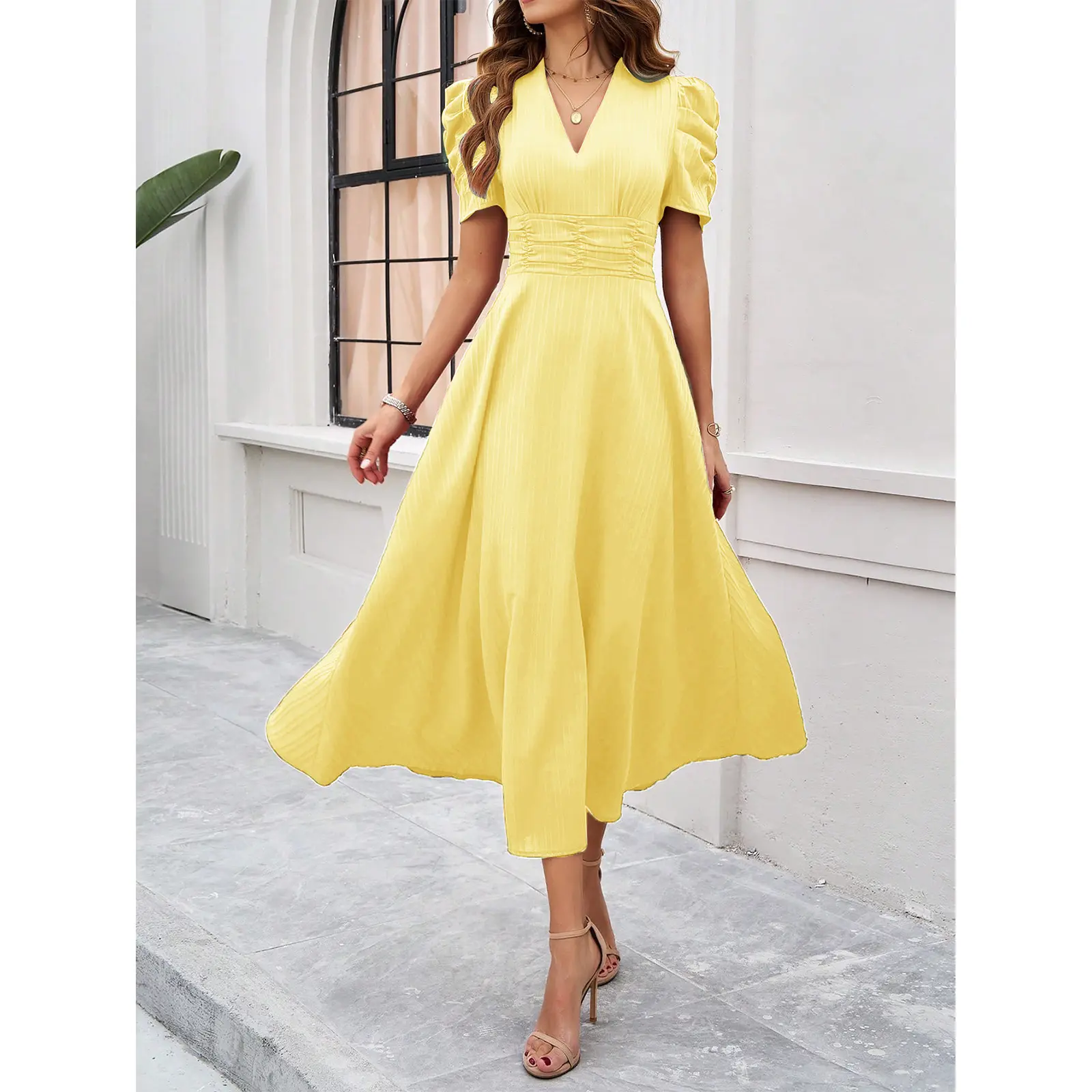 TCIFE Women's V-Neck Puff Short Sleeve Midi Dress - Breathable, Lightweight, Comfortable Casual Cocktail Dress with Ruched Waist, A-Line Flowy Swing Design for Party Wedding Guest