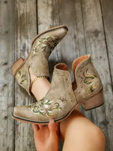 2026 Western Cowboy Boots, Square Toe Thick Heel + V-Neck Floral Embroidery, Women's PU Leather Ankle Boots for Music Festivals
