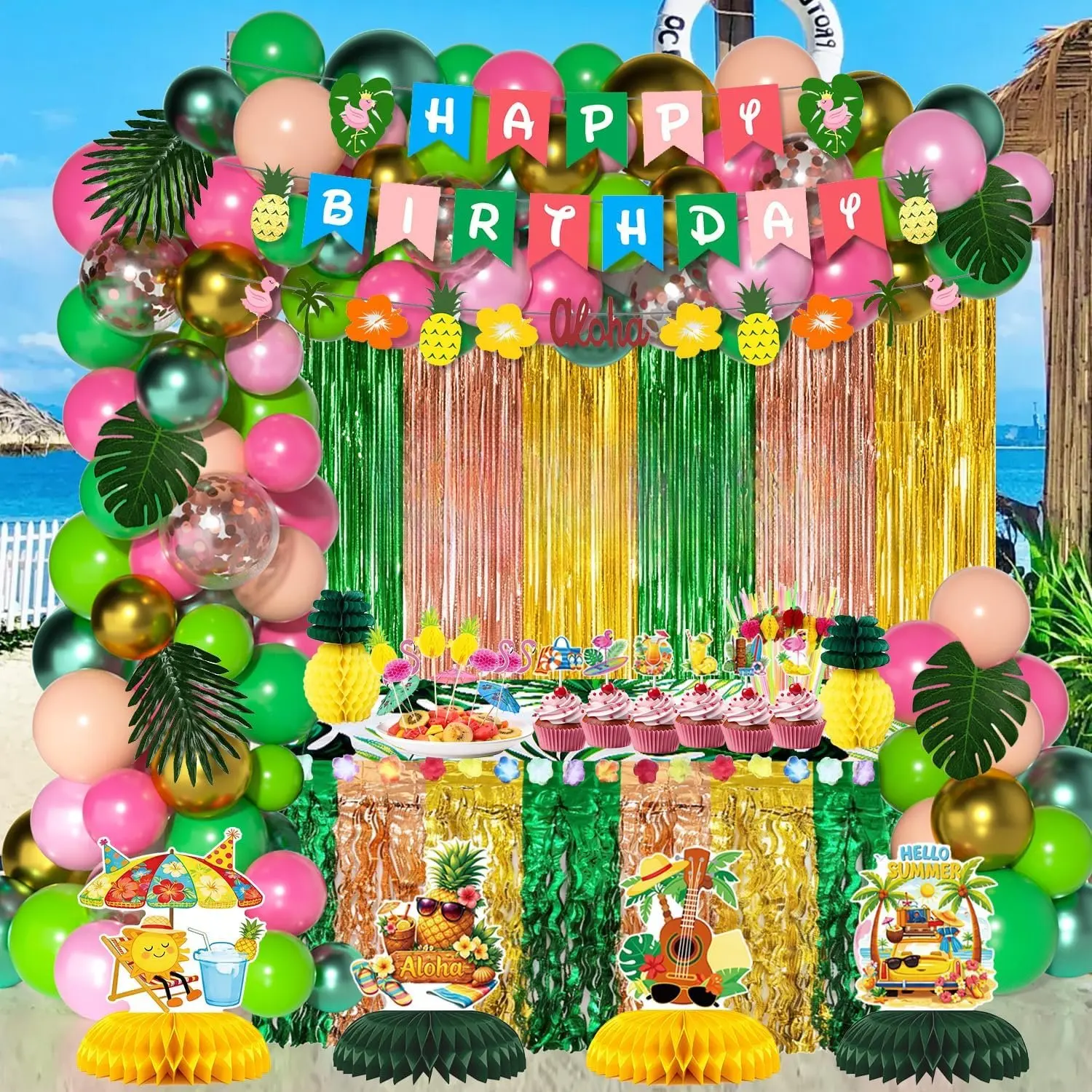 Luau Party Decorations, Hawaiian Party Decorations, Tropical Birthday Decorations, Aloha Party Supplies with Fringe Curtains, Table Skirt, Balloon Arch Kit, Banner, for Beach Summer Holiday Theme