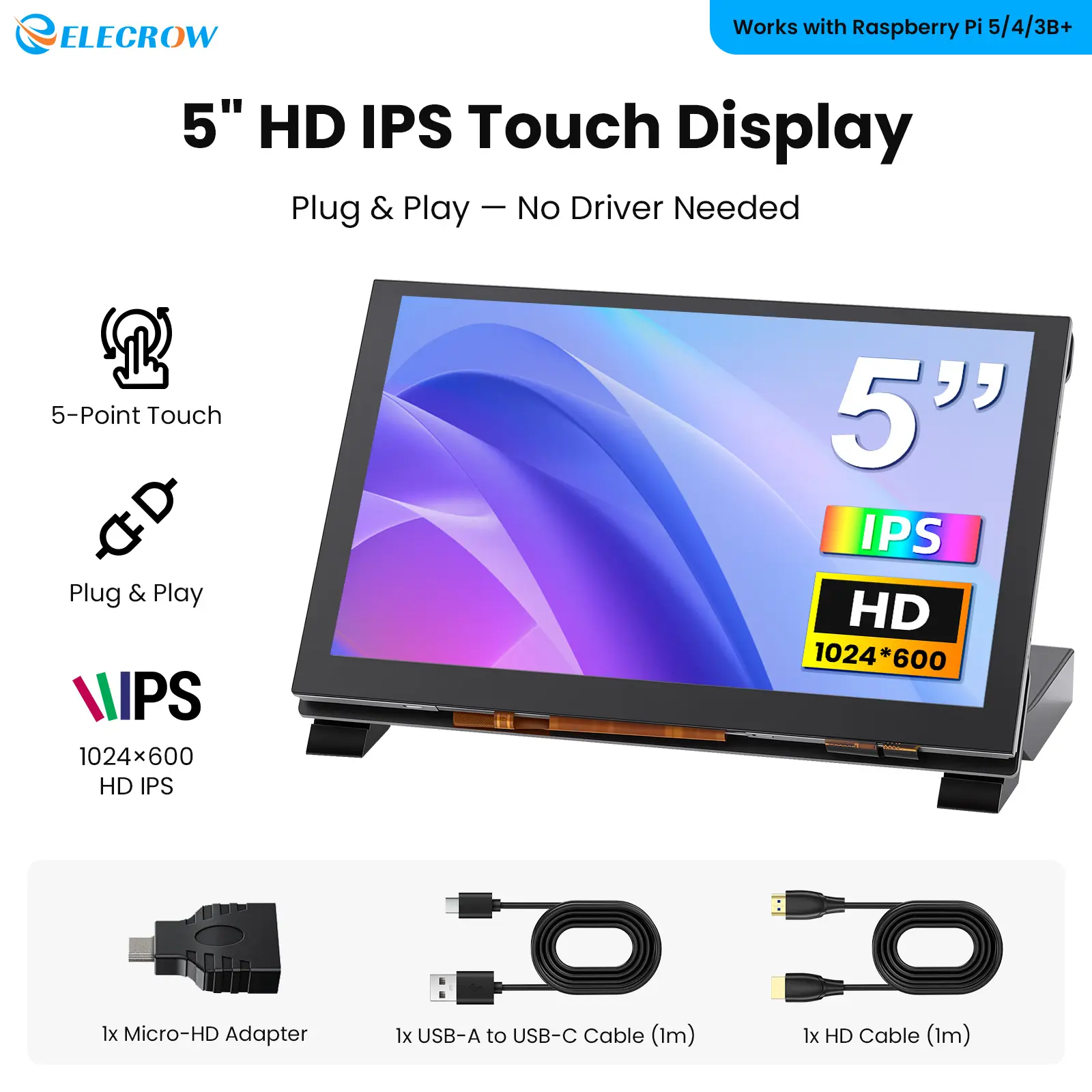 ELECROW 5-Inch IPS HD Capacitive Touchscreen Monitor, Portable Desk Gadget with Acrylic Stand, Plug-and-Play, Compatible with Raspberry Pi 5/4/3, Banana Pi, Jetson Nano (1024X600 Resolution)