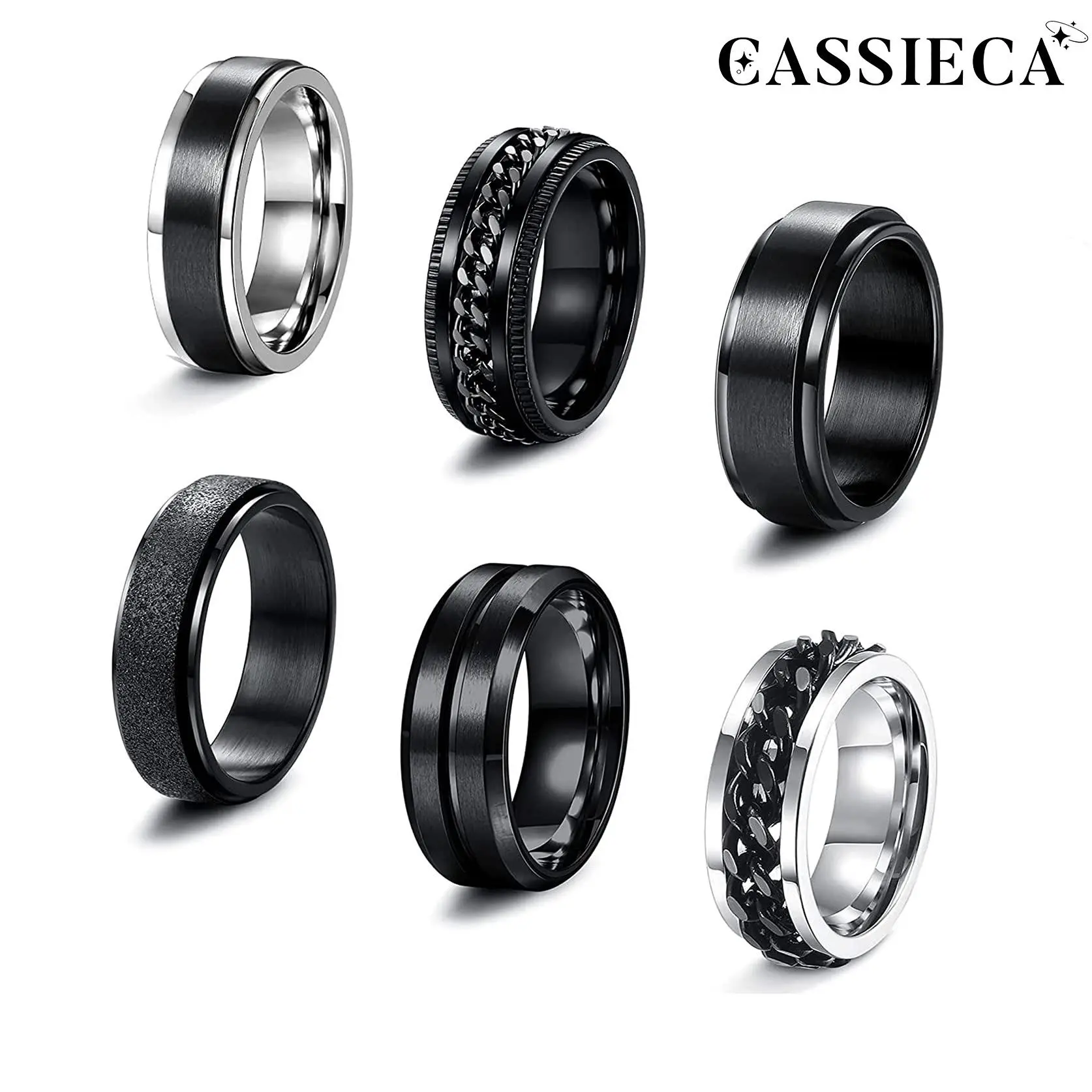 CASSIECA 6PCS Tarnish Proof Stainless Steel Spinner Rings, 6-8MM Black Cool Chain Design, Anxiety Stress Relief Promise Wedding Band, Funky Unique Jewelry Accessories, Men's Accessories, Guys Gifts, Womens Gifts, Sizes 7-13,summerwins