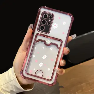 S25 Ultra Falling Love Hearts and Flowers Transparent Plating Card Holder Slot Phone Case with Elegant Protector Compatible with For Compatible With Samsung Galaxy S25 Ultra S25 Ultra Back Cover