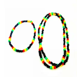 Jamaican Design Rasta Beaded Necklace with Medium Reggae Seed Beads for Unisex Rastafarian & Hippie Jewelry Enthusiasts