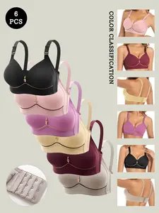 Women's Comfortable Breathable Casual Wire-Free Everyday Bra Set, Large Size Thin Fixed Cup Bras, Pack of 6, Soft & Medium Supportive Underwear