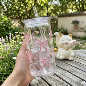 3-piece set (1 cup + straw + lid) – transparent plastic cup with lid and straw, 500ml flat-bottomed plastic cup with straw, iced coffee cup, water bottle, mug, Christmas, party gifts, water, milk, juice, drinks
